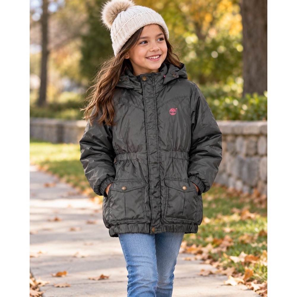 Timberland Girls Puffer Parka Jacket Olive Green Pink Lining Size Medium M
